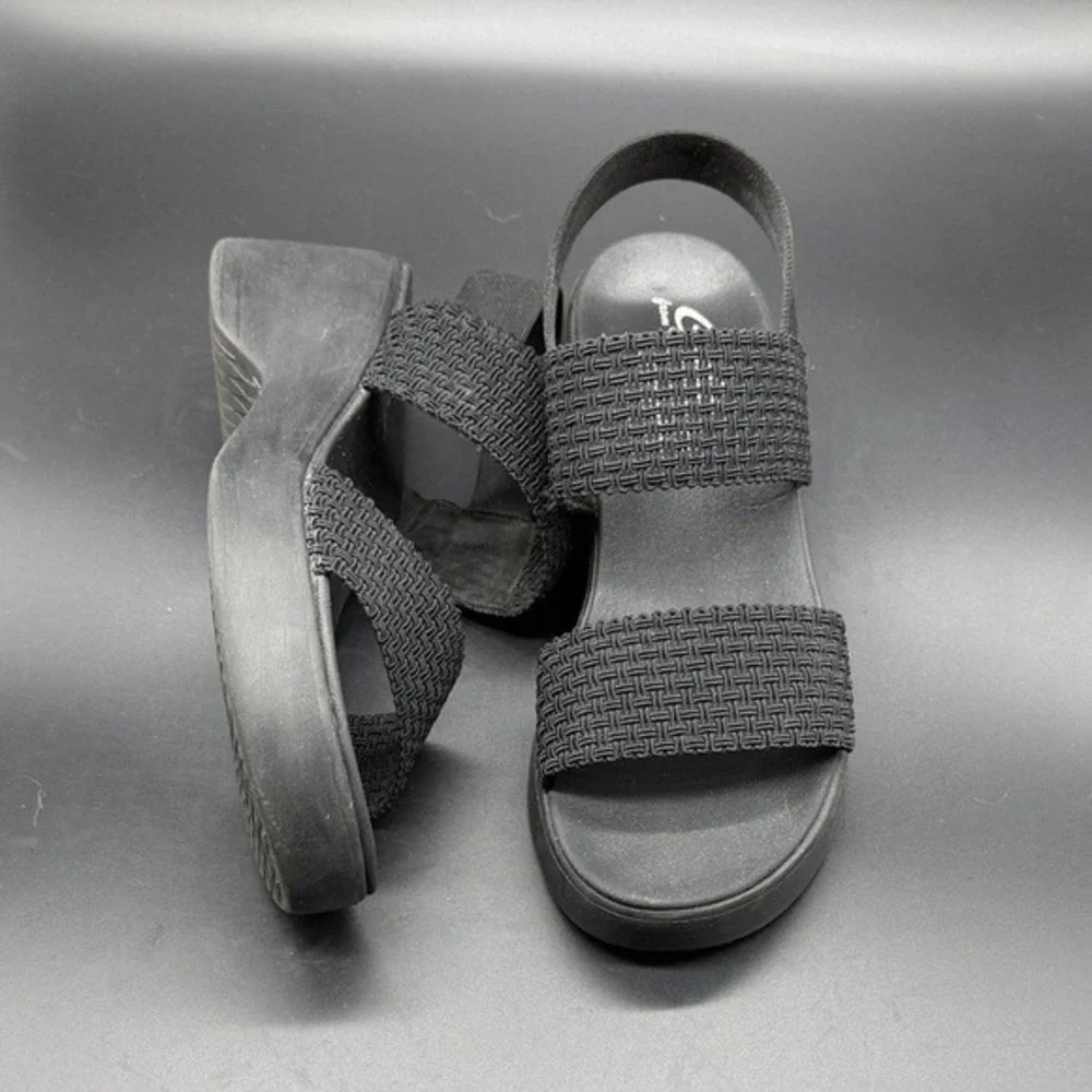 Skechers Cali Luxe Foam Black Wedge Sandals Women‎ Size 8 Elastic Straps